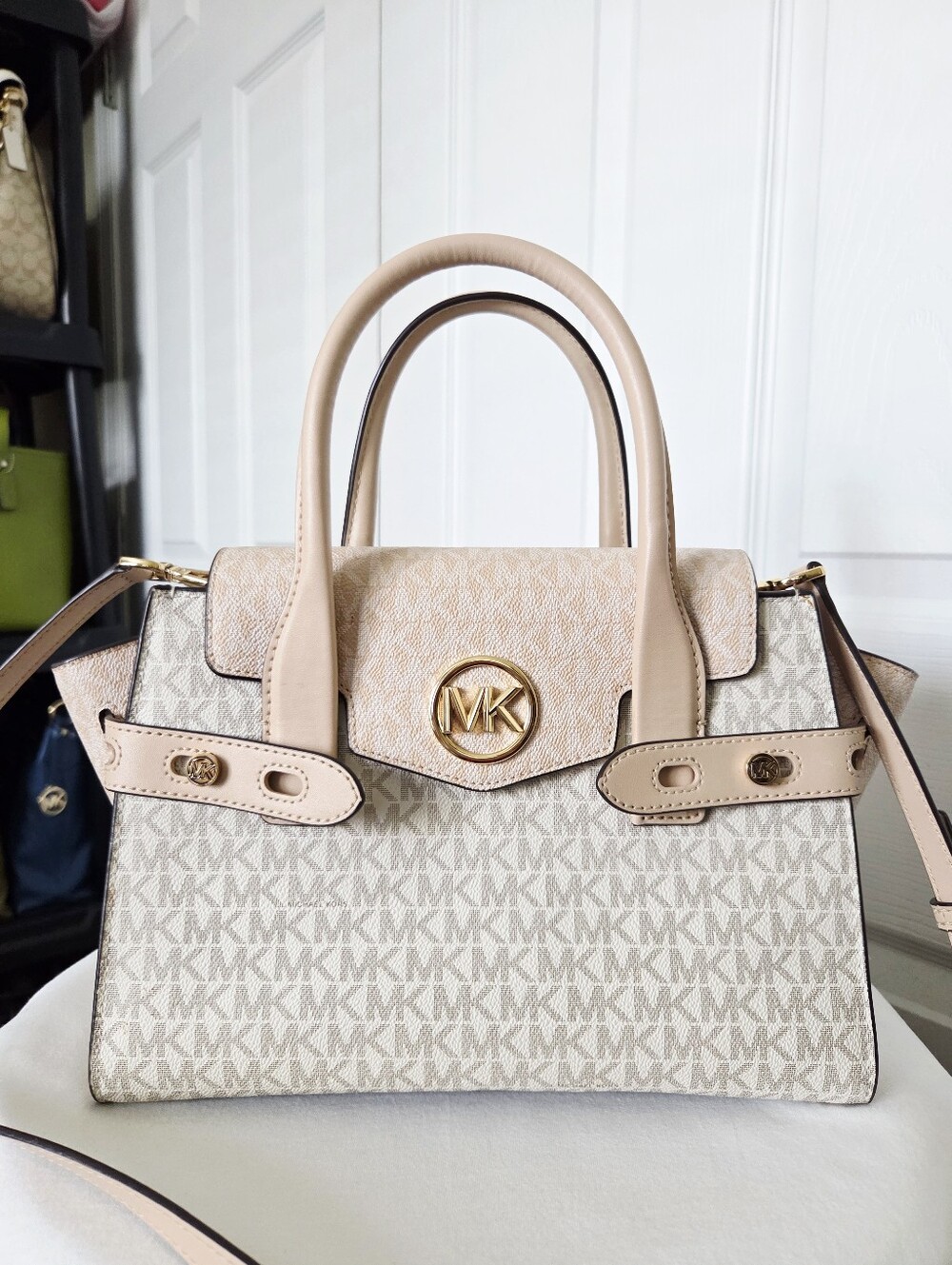 Michael Kors Carmen Vanilla Buff Logo Signature Satchel with Gold MK Emblem
